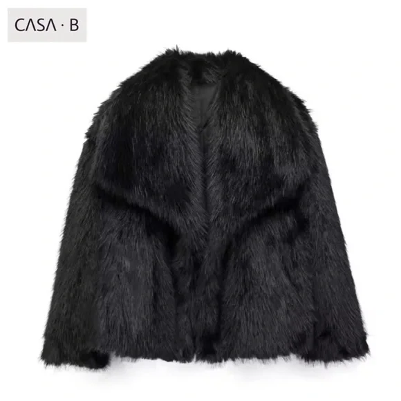 NEW💫CASA B| Heiress Black Faux Fur Jacket- Long Sleeve Lapel Collar Outerwear - Picture 3 of 7